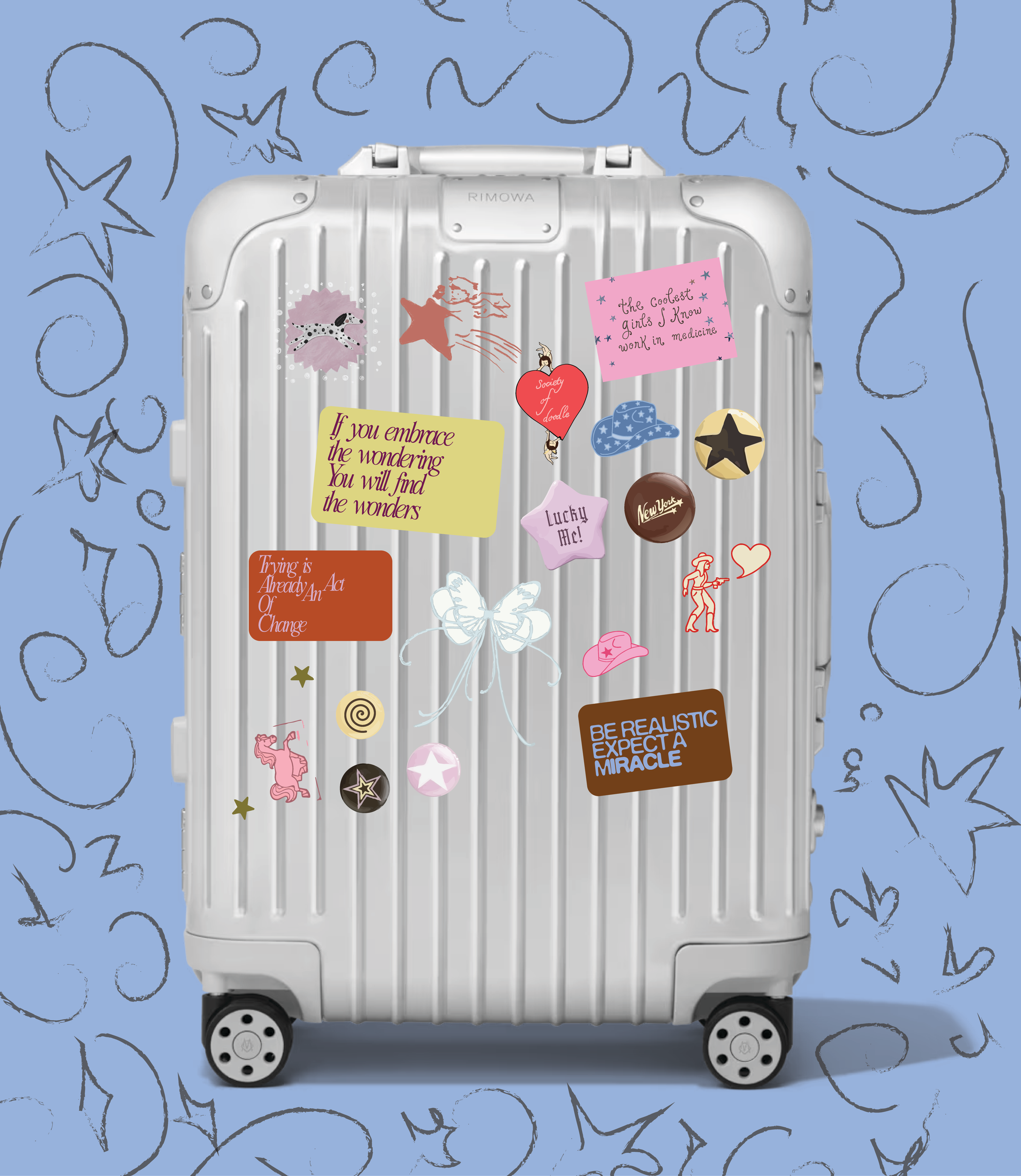 Medicine sticker collection displayed in a styled scene